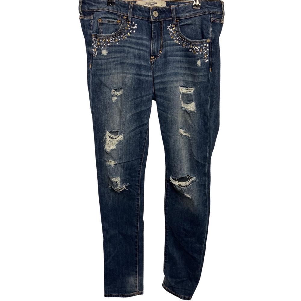 Abercrombie & Fitch Distressed Rhinestone Skinny‎ Jeans Womens 8 W29 Medium Wash